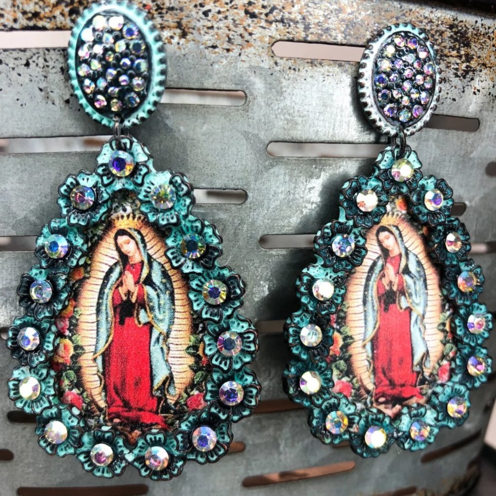 Our Lady Stone Tear Drop Dangle Earrings with Gems